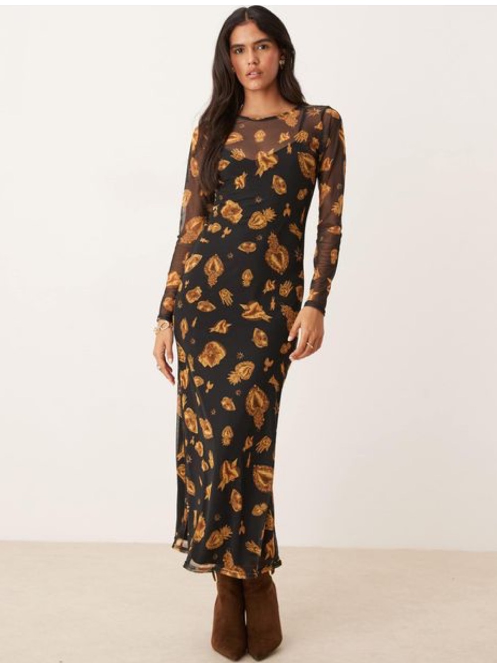Never Fully Dressed long sleeve mesh maxi dress in black and gold Sz 10